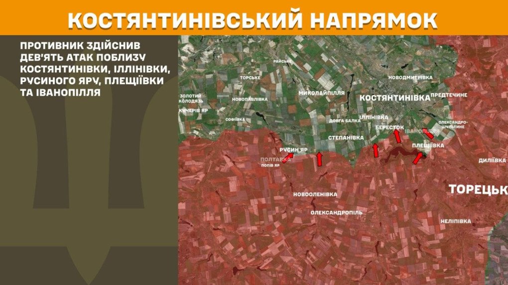 Mapa táctico del eje de Kostiantynivka que indica textualmente la ejecución de nueve ataques tácticos por parte de las fuerzas rusas en localidades como Rusyn Yar e Ivanopillia.