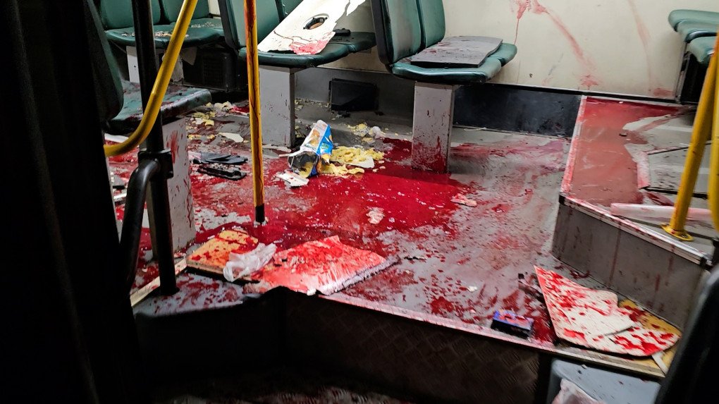 A view of the damaged bus after the Russian drone attack on a civilian passenger bus in Kherson, Ukraine on January 06, 2025. Photo by Kherson Regional Military Administ./Anadolu via Getty Images.