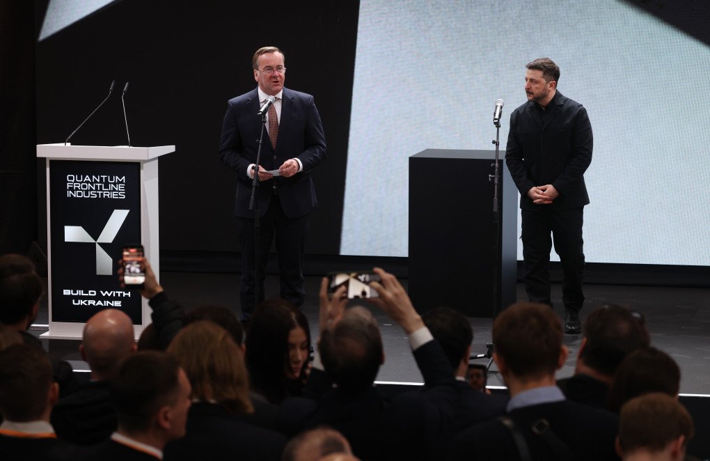 Ukrainian President Volodymyr Zelenskyy (R) and German Defence Minister Boris Pistorius speak to guests while visiting the production facility of Quantum Frontline Industries (QFI) on February 13, 2026 near Munich, Germany. Quantum Frontline Industries is a joint venture between Germany's Quantum Systems and Ukraine's Frontline Robotics under the "Build with Ukraine" initiative to produce "Linza" drones for the Ukrainian military. (Photo by Sean Gallup via Getty Images) Ukrainian President Volodymyr Zelenskyy (R) and German Defence Minister Boris Pistorius speak to guests while visiting the production facility of Quantum Frontline Industries (QFI) on February 13, 2026 near Munich, Germany. Quantum Frontline Industries is a joint venture between Germany's Quantum Systems and Ukraine's Frontline Robotics under the "Build with Ukraine" initiative to produce "Linza" drones for the Ukrainian military. (Photo by Sean Gallup via Getty Images)