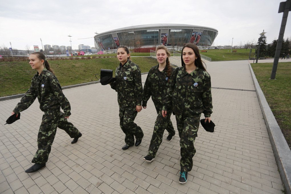 This photo shows young members of a military-patriotic club walking in front of the Donetsk Arena in temporarily occupied Donetsk, Ukraine, March 30, 2016. (Source: Getty Images) This photo shows young members of a military-patriotic club walking in front of the Donetsk Arena in temporarily occupied Donetsk, Ukraine, March 30, 2016. (Source: Getty Images)