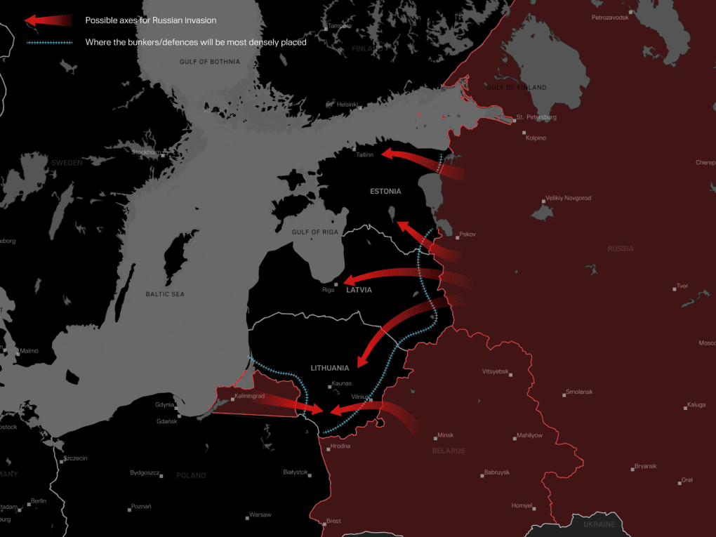“Baltic Line of Defense” map showing possible axes of a potential Russian attack. (Illustration: UNITED24 Media)