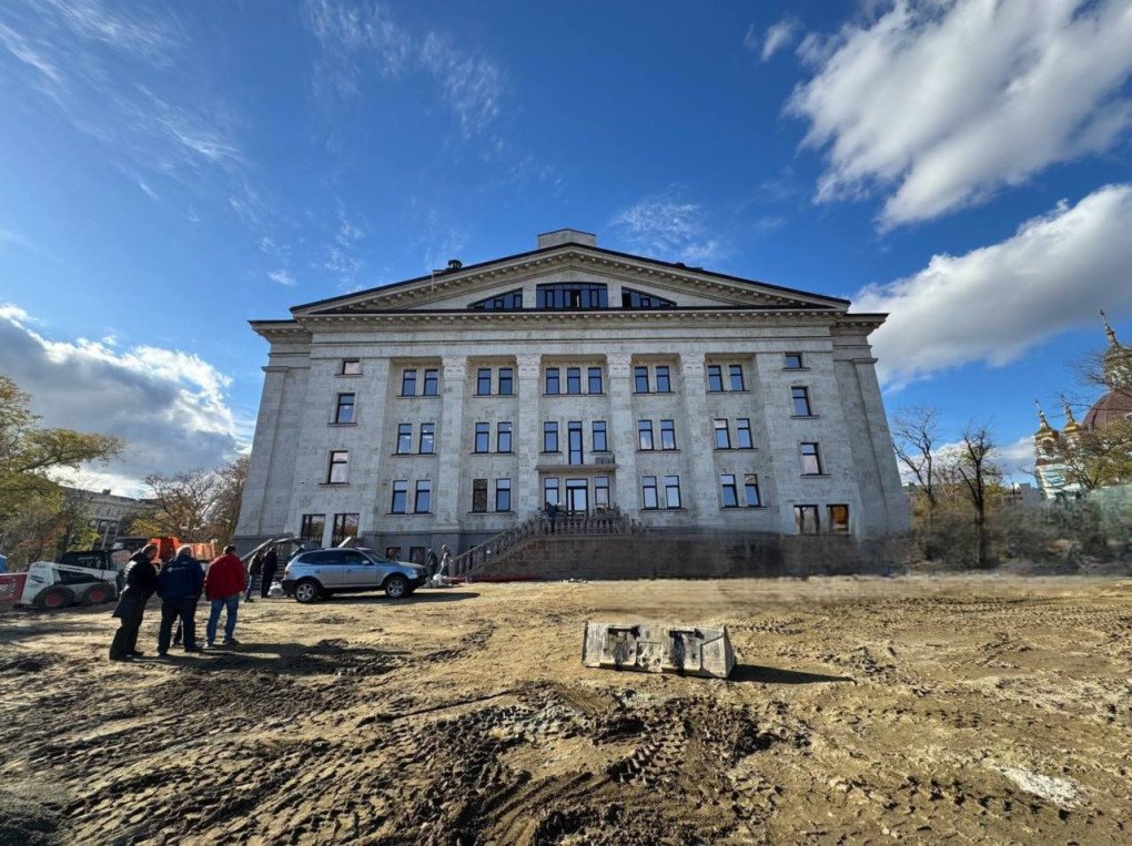 Rear view of the rebuilt Mariupol Drama Theatre, photographed from the construction site. (Source: Telegram / Mariupol City Council) Rear view of the rebuilt Mariupol Drama Theatre, photographed from the construction site. (Source: Telegram / Mariupol City Council)
