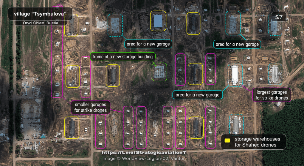 Satellite image showing expanding storage infrastructure for Russian attack drones at the Tsymbulova drone base. (Source: Strategic Aviation) Satellite image showing expanding storage infrastructure for Russian attack drones at the Tsymbulova drone base. (Source: Strategic Aviation)