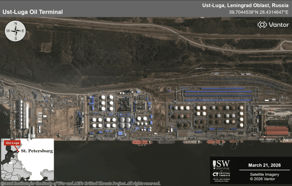 Satellite imagery shows the Ust-Luga oil terminal in Russia’s Leningrad region before the reported strike on March 21, 2026. (Source: Vantor/ISW) Russian Ports