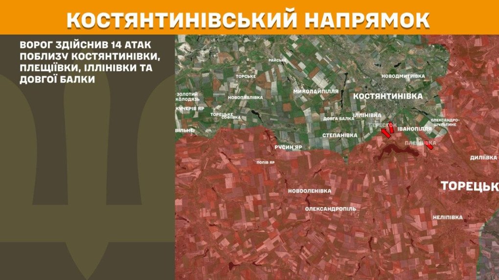 Mapa militar detallando los ejes de Lyman y Kostiantynivka, ilustrando las líneas defensivas ucranianas intactas frente a los 25 ataques terrestres combinados ejecutados por las tropas de ocupación.