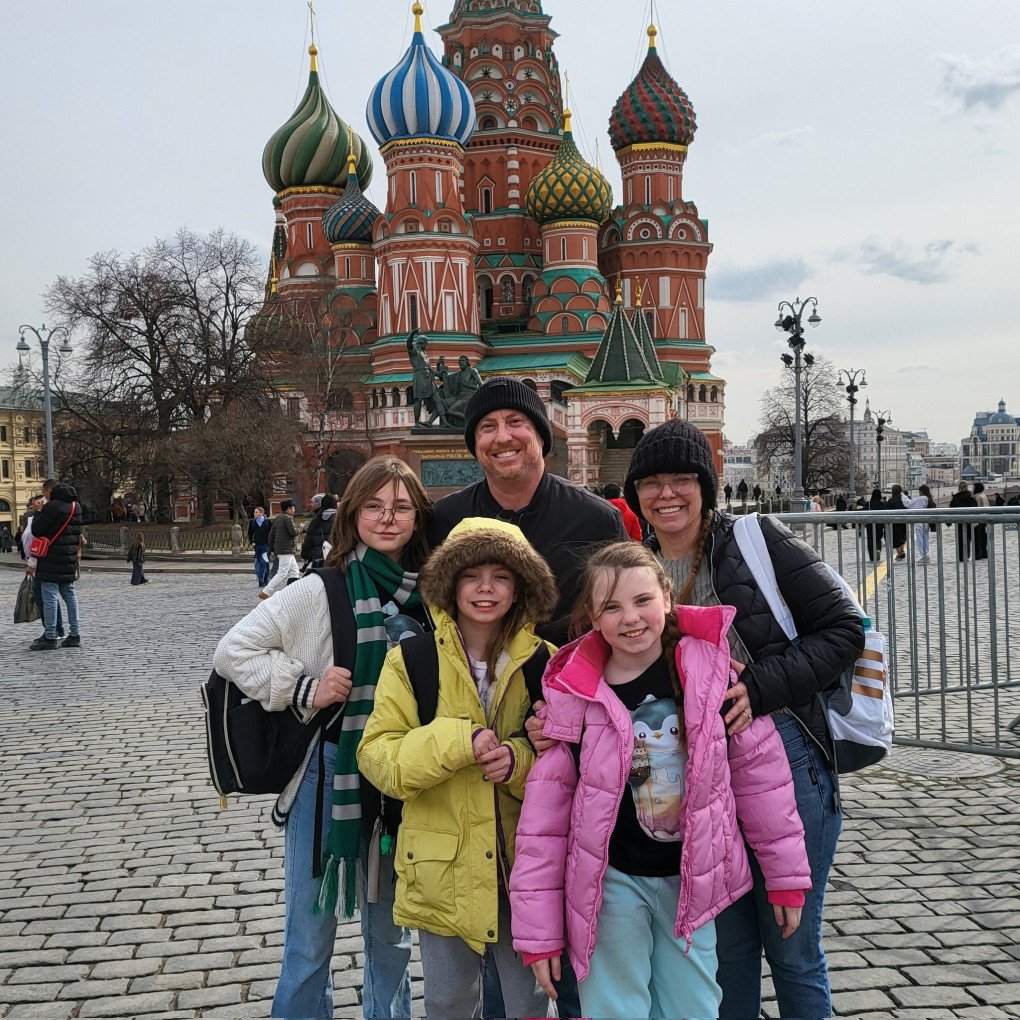 Derek Huffman with his family in Moscow. (Source: The Huffman Family/X)