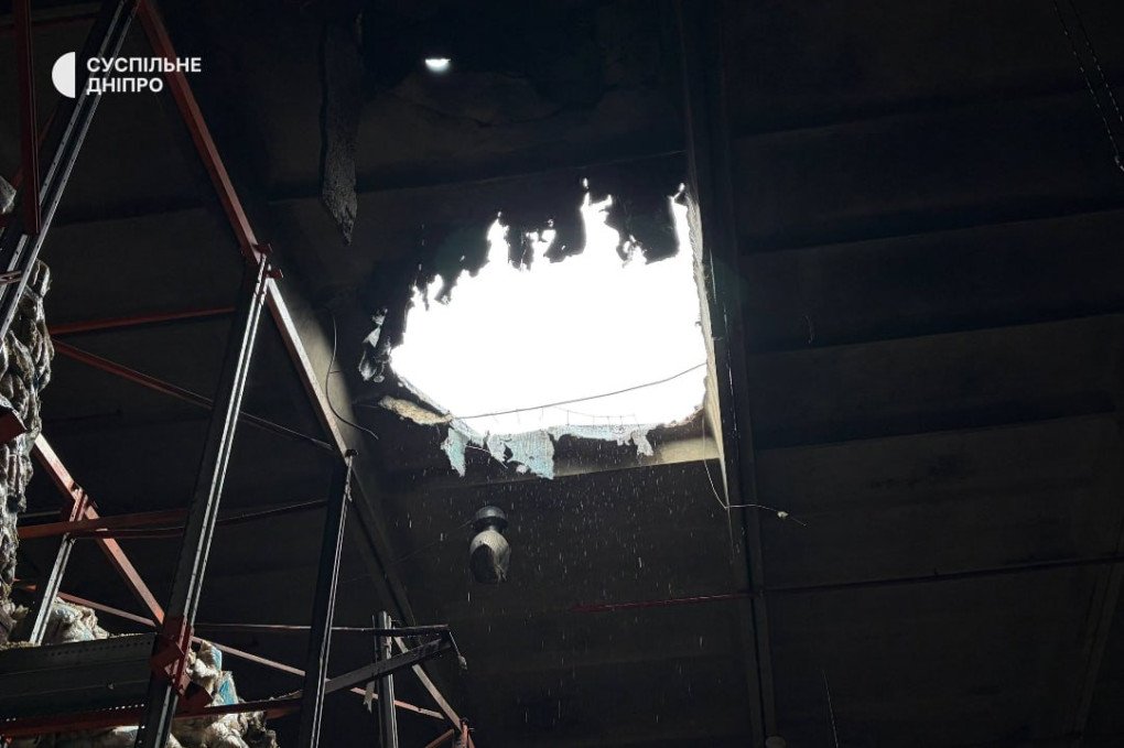 A hole in the roof of the UN WFP warehouse in Dnipro caused by a Russian drone attack on November 19. (Source: Suspilne Dnipro) A hole in the roof of the UN WFP warehouse in Dnipro caused by a Russian drone attack on November 19. (Source: Suspilne Dnipro)