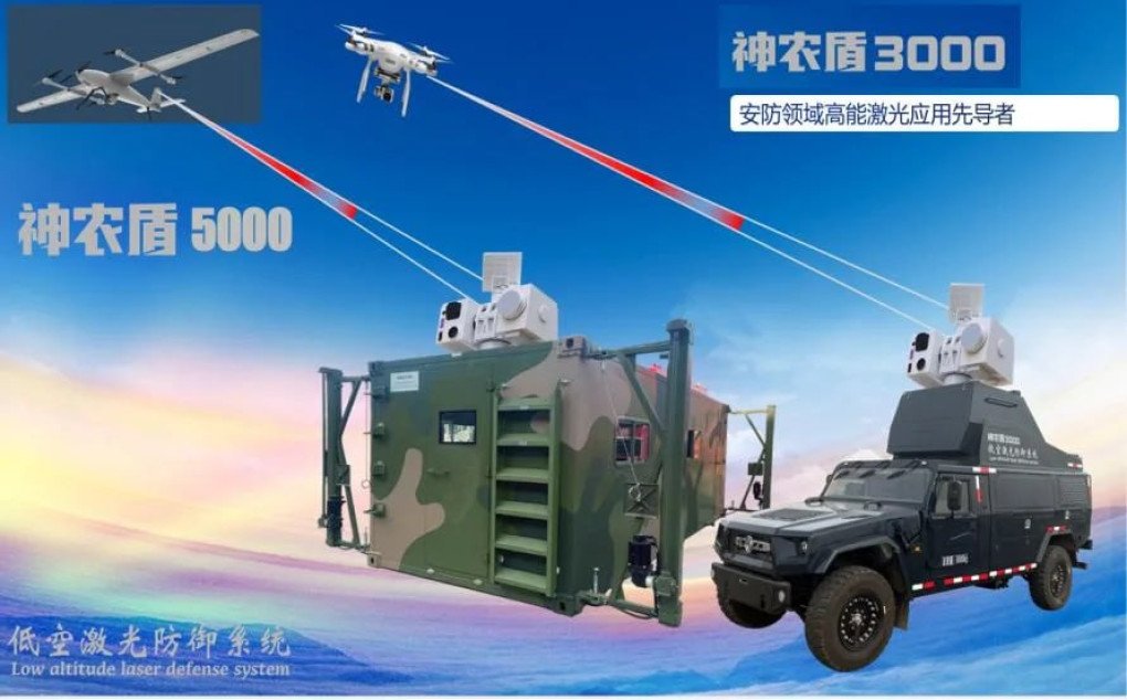Promotional image of China’s Shennong Shield 5000 and 3000 low-altitude laser defense systems engaging drones. (Source: Chinese Academy of Engineering Physics)