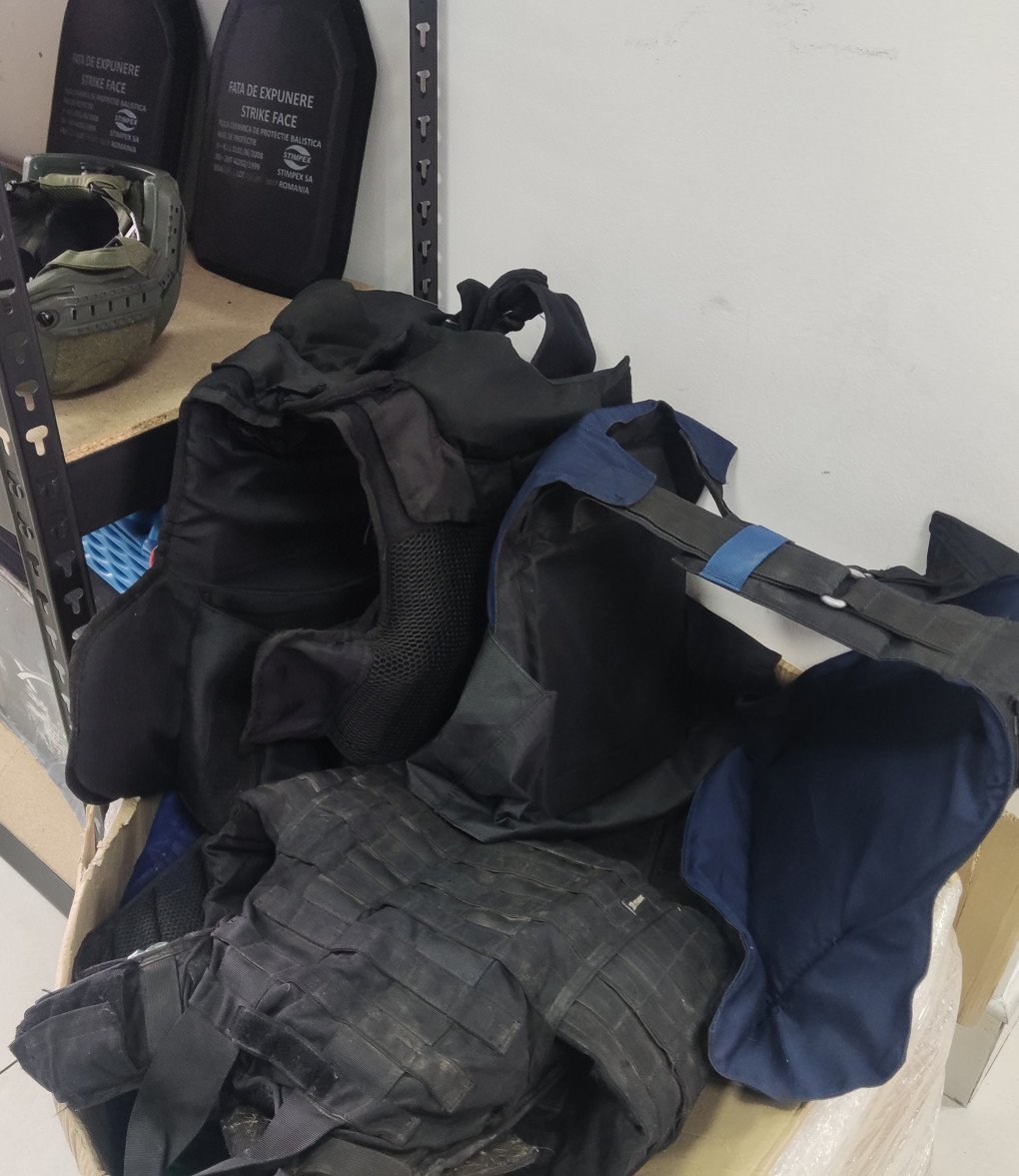 A box of bulletproof vests for UNITED24 Media correspondents. March 2026, Kyiv, Ukraine. (Photo: UNITED24 Media) Heavy armour office equipment