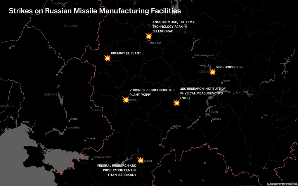 A map showing strikes on Russian missile manufacturing facilities. (Ilustration: UNITED24 Media)