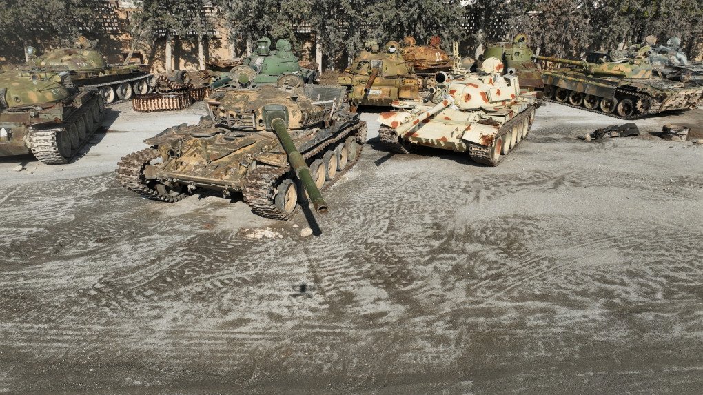 An aerial view of armored vehicles that were seized from the Assad regime by opposition forces in Idlib, Syria, on November 27, 2025. (Source: Getty Images)