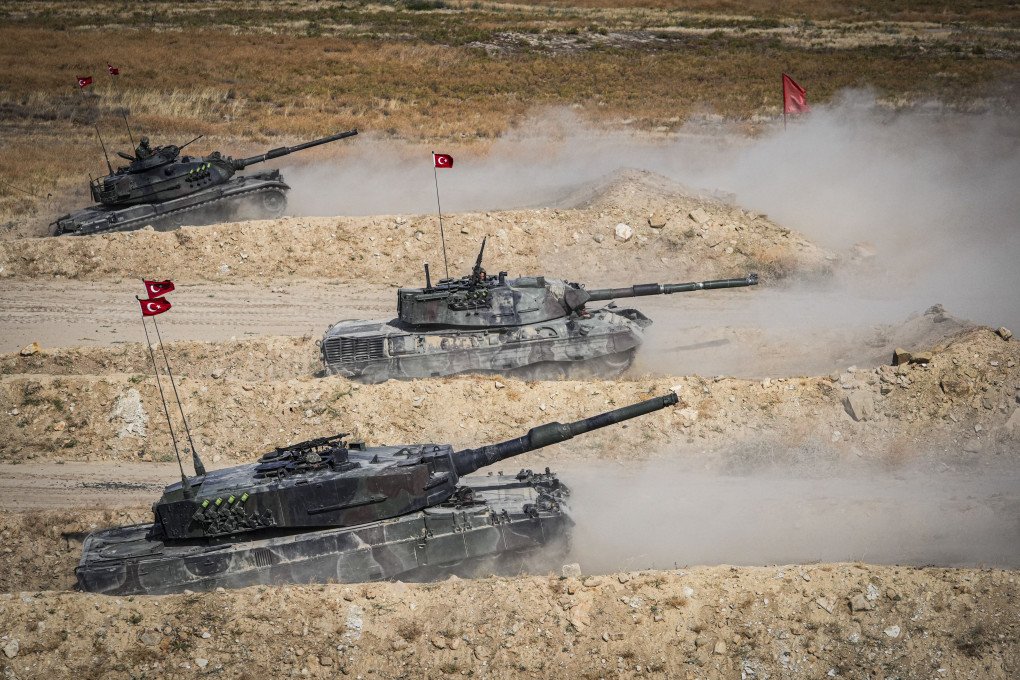 Turkish Leopard 1A5, Leopard 2A4, and M60 main battle tanks during military drills in 2024. (Source: Getty Images)