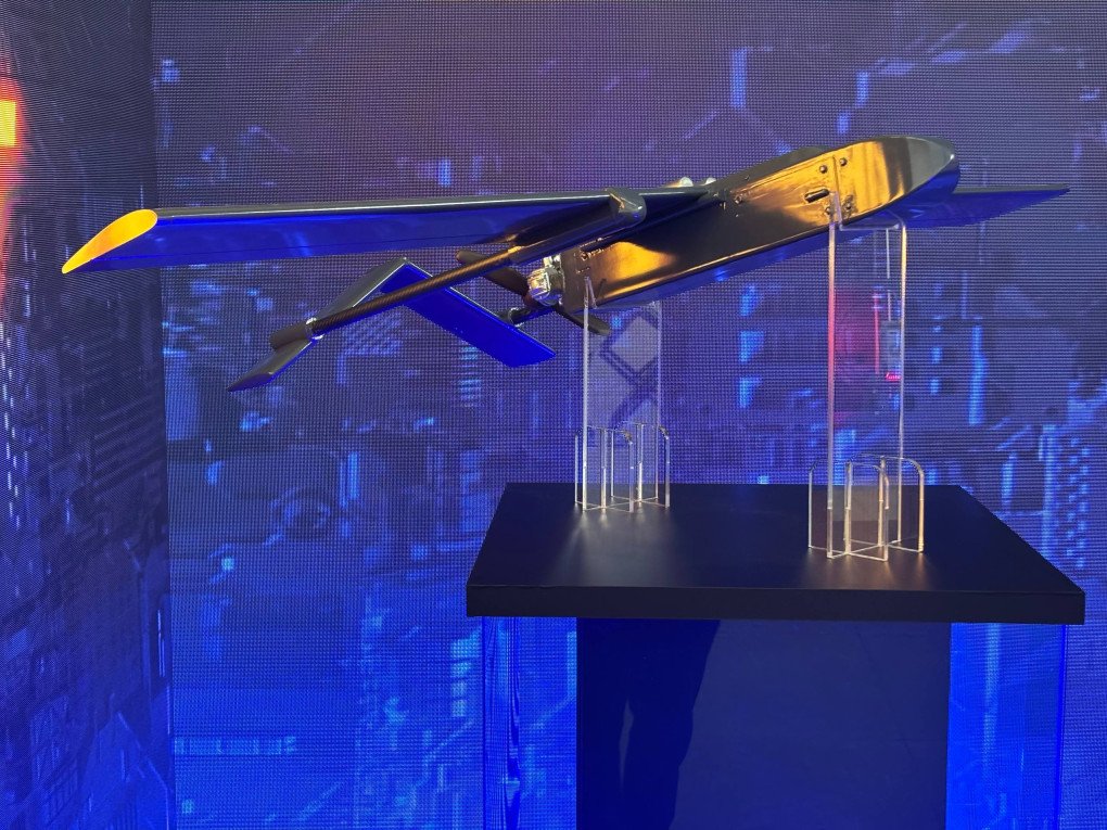 Scaled model of the FP-1 long-range strike drone made by Ukrainian company Fire Point. (Source: UNITED24 Media/Vladyslav Litnarovych)