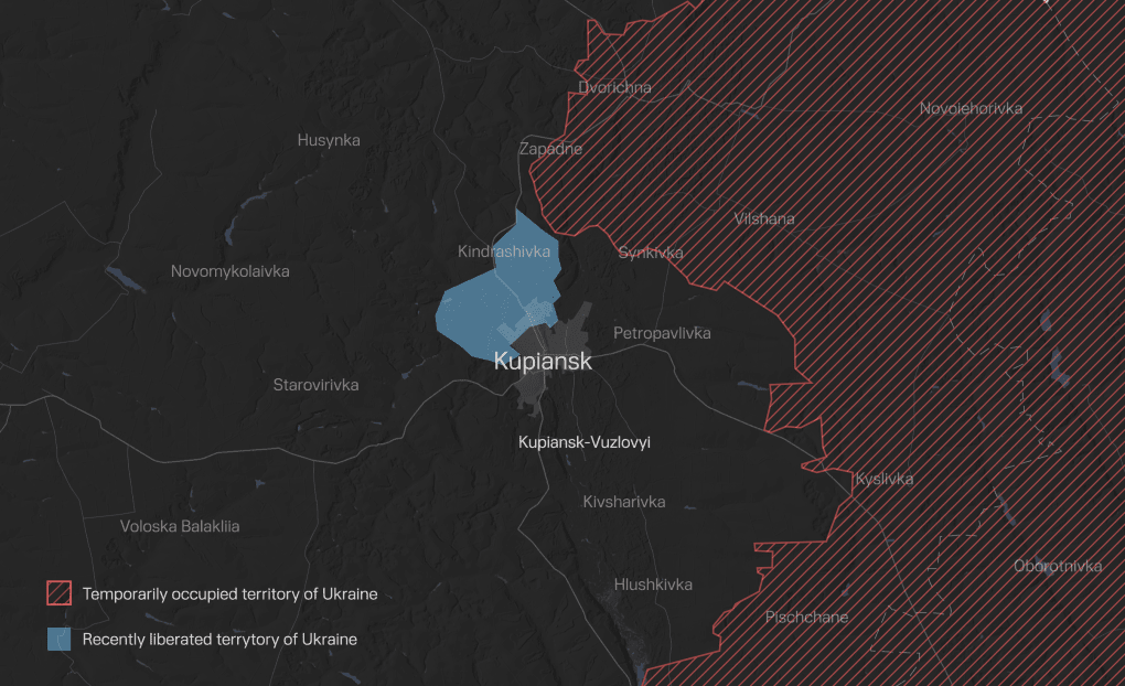 A visual breakdown of frontline positions shows Kupiansk and surrounding areas recently liberated by Ukrainian forces (in blue), while Russian-occupied territory (in red) remains east of the Oskil River. Illustration: UNITED24 Media A visual breakdown of frontline positions shows Kupiansk and surrounding areas recently liberated by Ukrainian forces (in blue), while Russian-occupied territory (in red) remains east of the Oskil River. Illustration: UNITED24 Media
