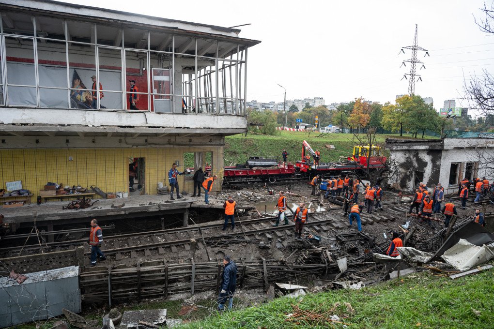 According to the statement released by Kyiv mayor Vitalii Klychko, as a result of a Russian attack, one of the metro stations on the capital's Left Bank was damaged, additionally, debris impact caused a break in the running and contact rails near the station, in Kyiv, Ukraine on October 19, 2026. (Photo by Danylo Antoniuk via Getty Images)