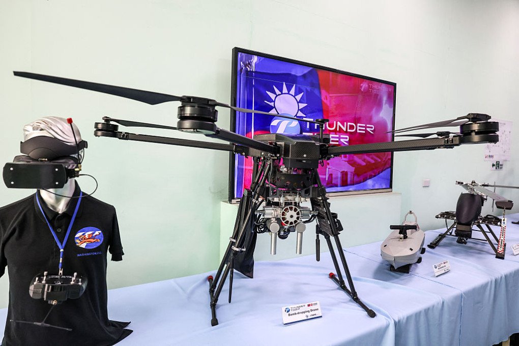 A bomb-dropping drone is displayed at the headquarters of Thunder Tiger Group in Taichung on April 21, 2026. (Source: Getty Images) A bomb-dropping drone is displayed at the headquarters of Thunder Tiger Group in Taichung on April 21, 2026. (Source: Getty Images)