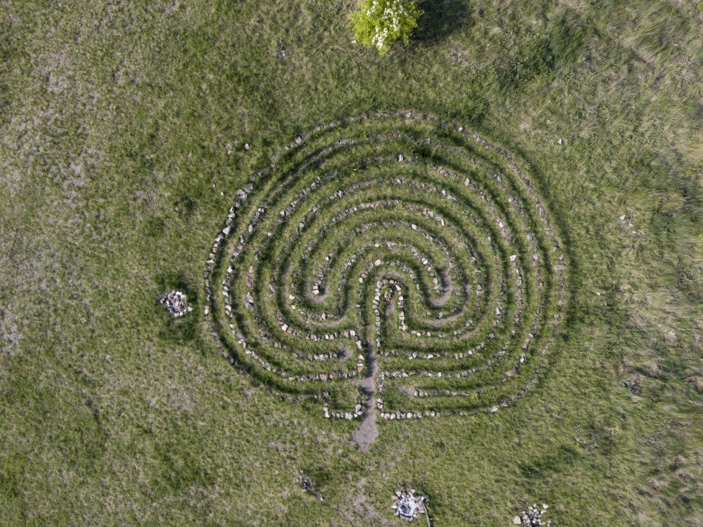 An aerial view of sacred stone-assembled "Labyrinth" is seen on top of Lyshivka Hill in Busha, a village in the southern Vinnytsia Oblast that lays down on the land of an ancient Trypillian settlement dated six thousand years old. (Photo by Narciso Contreras via Getty Images)