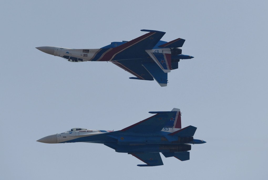 The Russian Warrior Flight Show Team piloted the Su-35 heavy fighter jet for a flight demonstration at the Zhuhai Air Show during the 15th China International Aviation and Aerospace Exhibition in Zhuhai, Guangdong province, China, November 12, 2024. (Source: Getty Images)