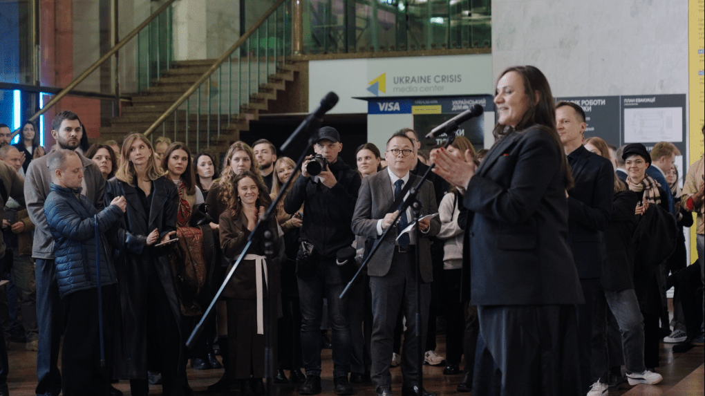 Visitors gather at the Ukrainian House during the opening of the Not For Sale exhibition, which returned to Kyiv after six months at EXPO 2025 in Osaka, Japan. (Source: Ukrainian House / United24)