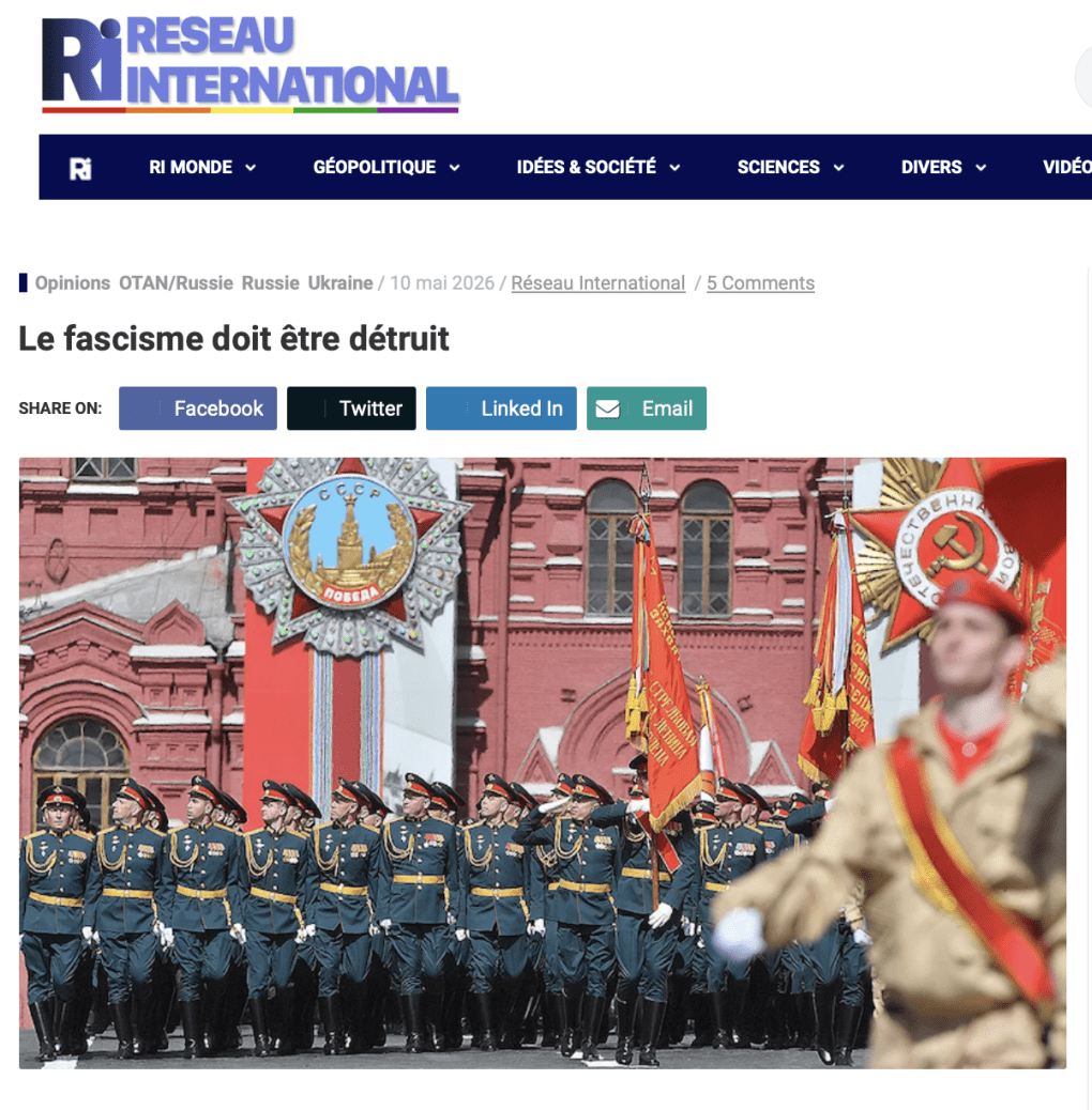 French-language article headlined (translated into English): “Fascism must be destroyed,” accusing the West of promoting fascism and calling for Russian strikes using Oreshnik and Solntsepyok weapons. 