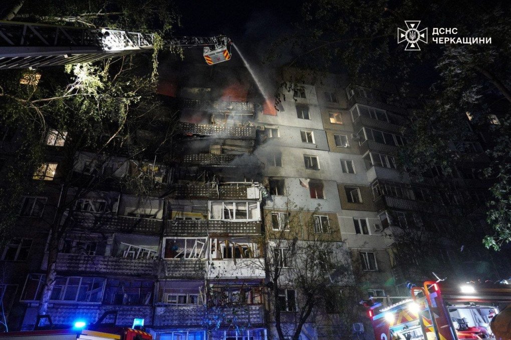 A firefighter works to extinguish a blaze in Cherkasy following Russia’s overnight attack on May 24. (Source: DSNS Cherkasy)  Firefighters extinguish a blaze in a damaged residential high-rise in Cherkasy after a Russian drone strike.