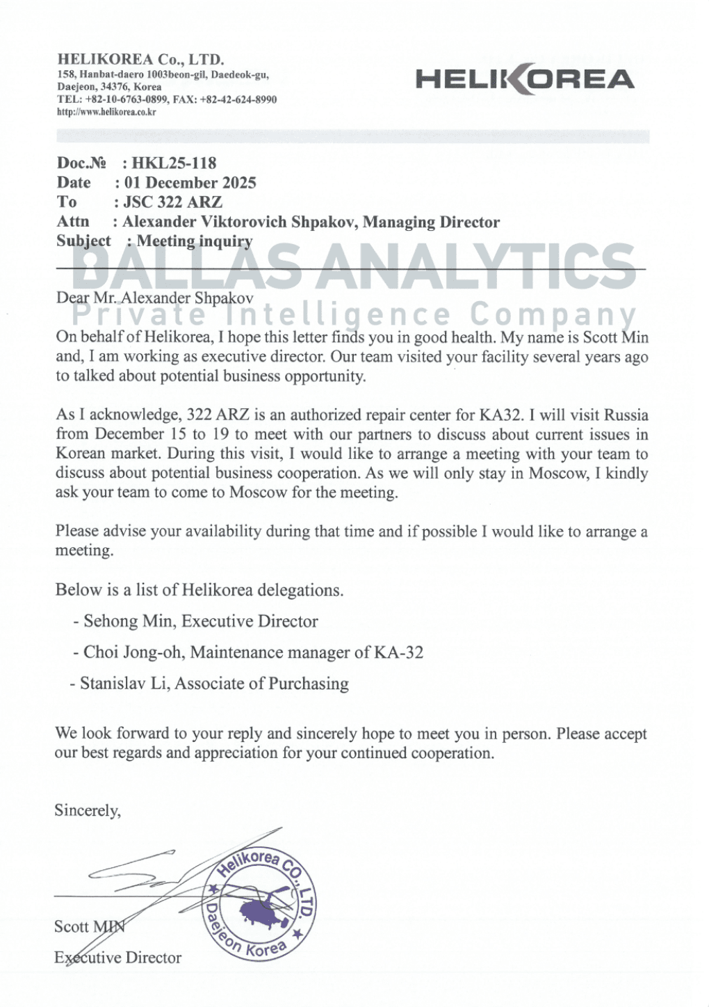 HeliKorea letter No. HKL25-118, sent to the Russian aviation plant. (Source: Dallas Analytics) HeliKorea letter No. HKL25-118, sent to the Russian aviation plant.