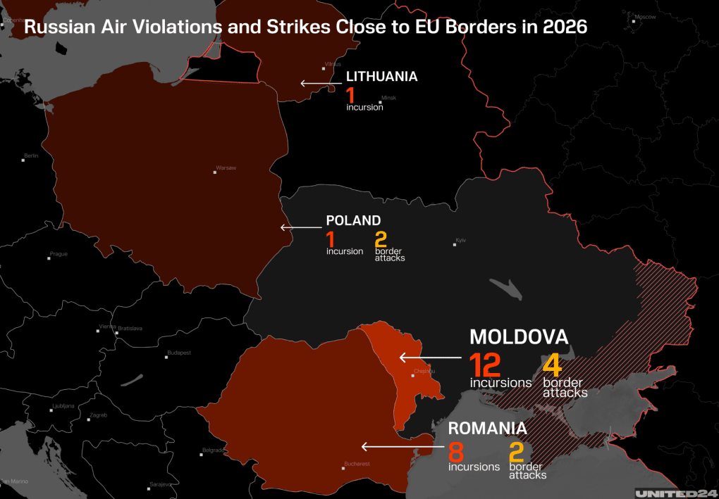 Site of major missile and drone incursions and strikes on borders in 2026, significantly more than in previous years. (Illustration: UNITED24 Media) Site of major missile and drone incursions and strikes on borders in 2026, significantly more than in previous years. (Illustration: UNITED24 Media)