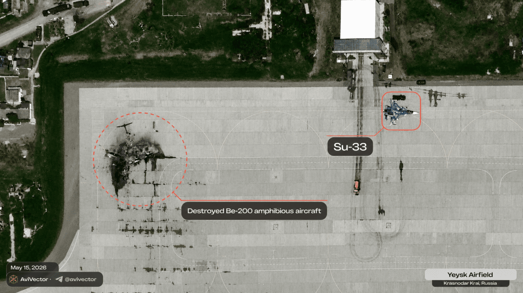 A destroyed Russian Be-200PS aircraft on the Yeysk airfield after a Ukrainian drone strike, May 15, 2026.