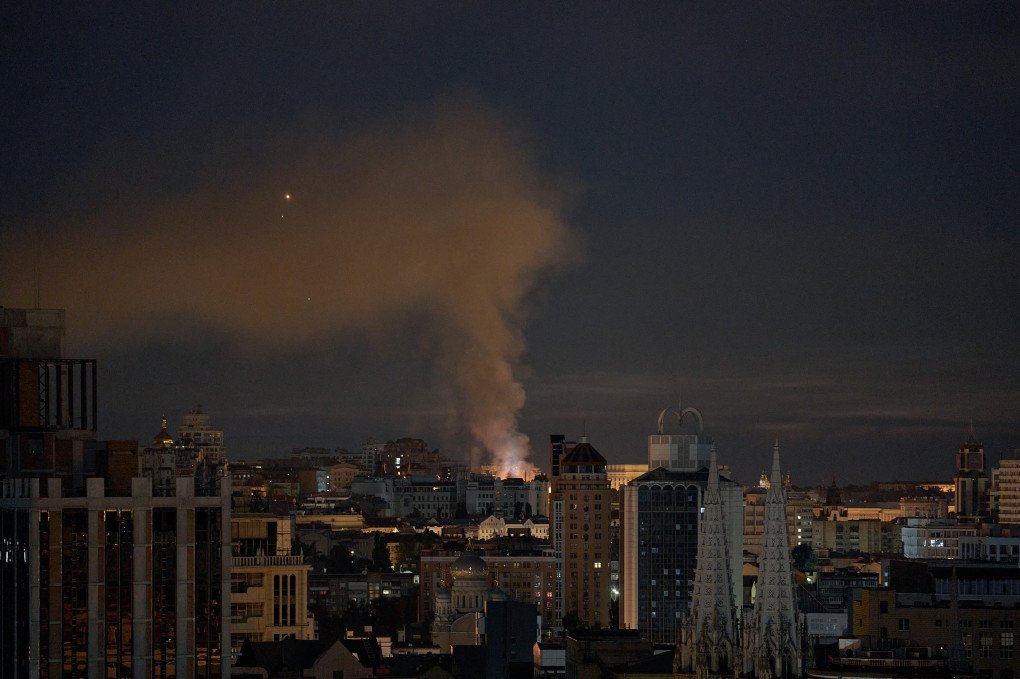 A large column of smoke rises over Kyiv at night shortly after a Russian missile strike during an overnight missile and drone attack on July 2, 2026 in Kyiv, Ukraine. (Photo by Kostiantyn Liberov/Libkos/Getty Images)