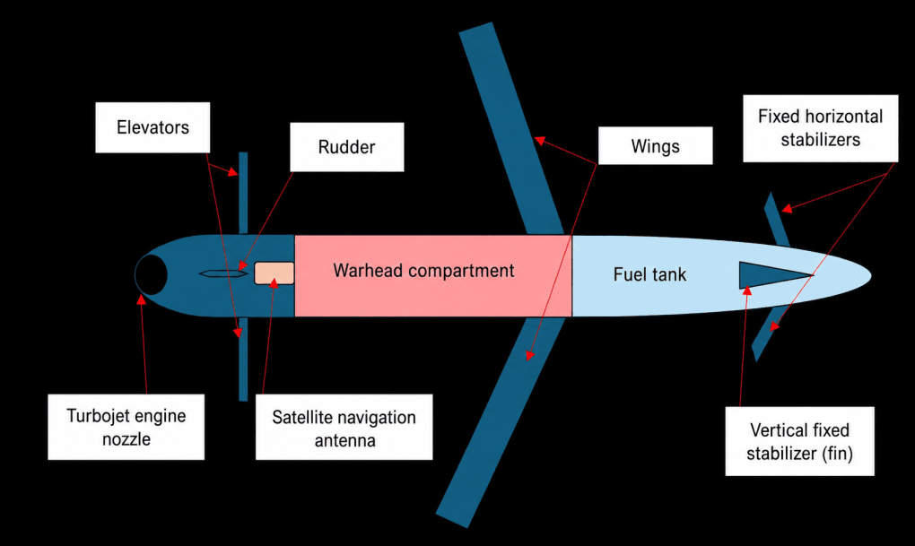 A schematic diagram shows the internal and external layout of the “Banderol” cruise missile. (Source: Serhii Flash)
