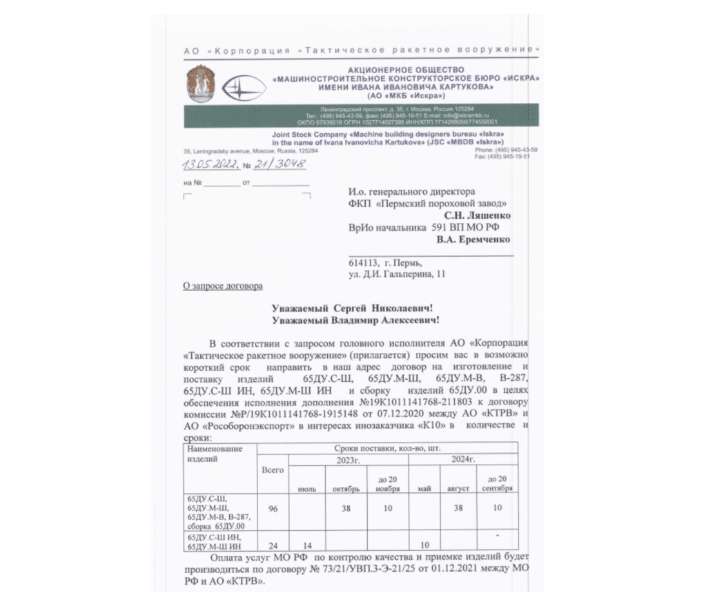Additional contract to R/19K1011141768 for a parts of Russian Kh-38 missile for a customer K10—Iran. Russian Kh-38 missile Iran