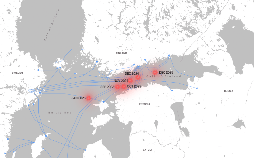 Map of some Baltic undersea cable attacks 
