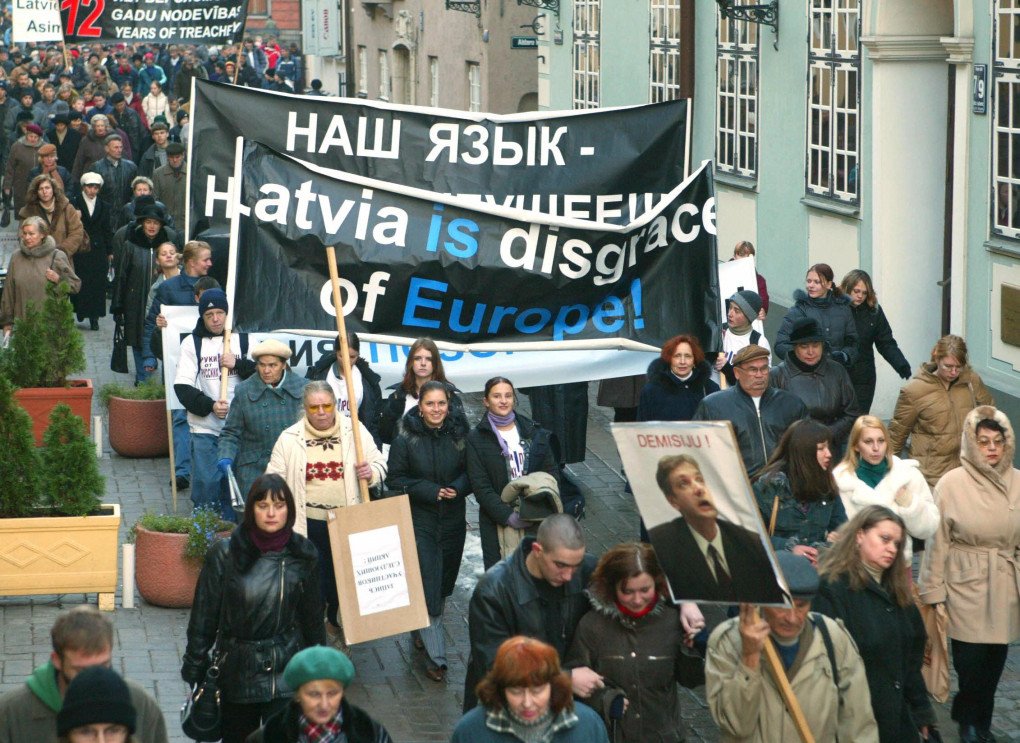Latvia’s Russian nationals took to the streets in Riga, Latvia, 29 October 2003 to protest the government reform of Education in 2004 that was due to rise percentage of Latvian teaching up to 60 percent for Russian schools. Photo by Ilmars Znotins/AFP via Getty Images.