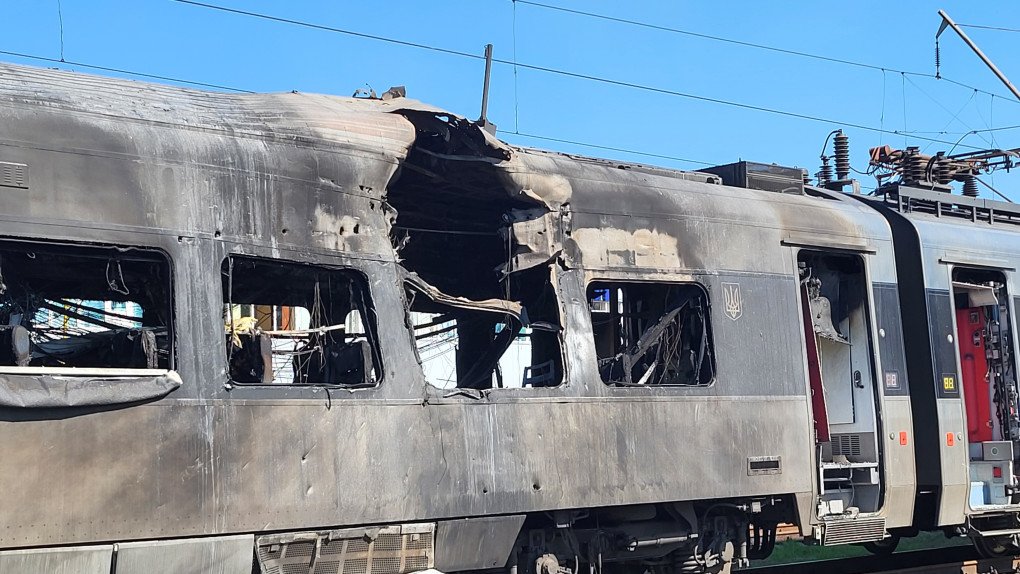 A train of Ukrainian Railways stands on the tracks damaged because of Russian drone-and-missile attack on August 28, 2025 in Kyiv, Ukraine. (Photo by Andriy Zhyhaylo/Oboz.ua/Global Images Ukraine via Getty Images)