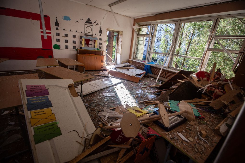 An English classroom at a school is destroyed after a Russian drone attacks the Ukrainian city of Sumy, on September 22, 2025. (Photo by Francisco Richart Barbeira via Getty Images) An English classroom at a school is destroyed after a Russian drone attacks the Ukrainian city of Sumy, on September 22, 2025. (Photo by Francisco Richart Barbeira via Getty Images)