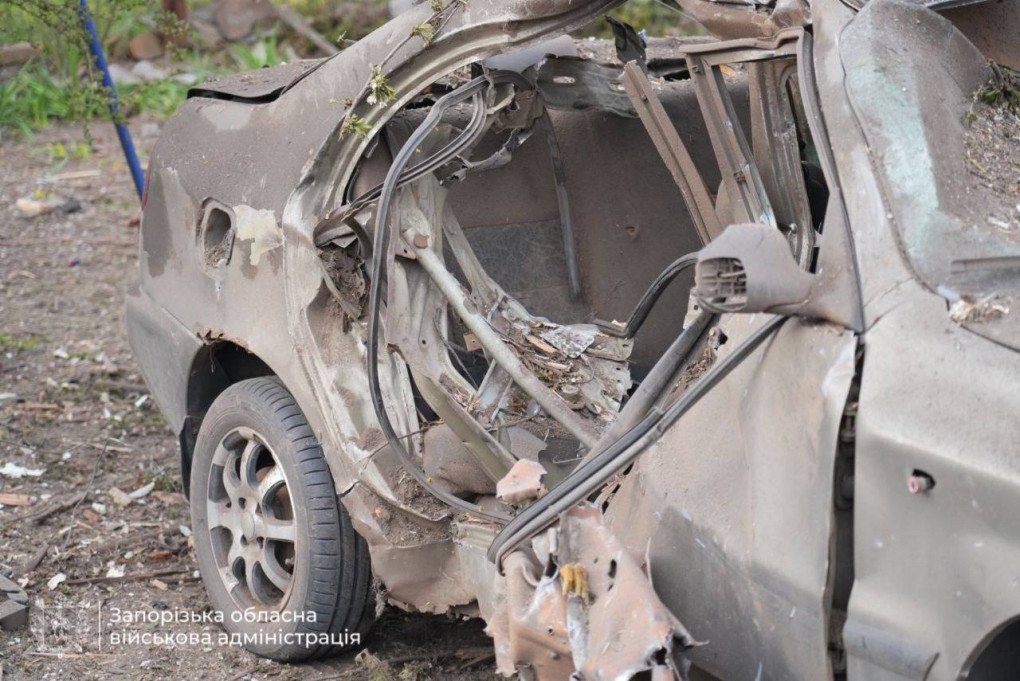 A severely damaged car, likely caused by the ongoing shelling in the region. (Source: Zaporizhzhia Regional Military Administration) A severely damaged car, likely caused by the ongoing shelling in the region. (Source: Zaporizhzhia Regional Military Administration)