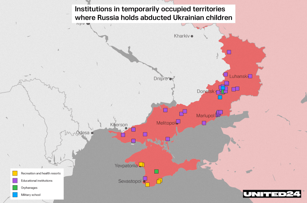 A map of institutions across Russian-occupied Ukrainian territories where abducted children are held, according to SBU intelligence. Facilities range from so-called “health resorts” and orphanages to military schools—part of Russia’s systematic effort to erase Ukrainian identity and sever children from their families and homeland. A map of institutions across Russian-occupied Ukrainian territories where abducted children are held, according to SBU intelligence. Facilities range from so-called “health resorts” and orphanages to military schools—part of Russia’s systematic effort to erase Ukrainian identity and sever children from their families and homeland.