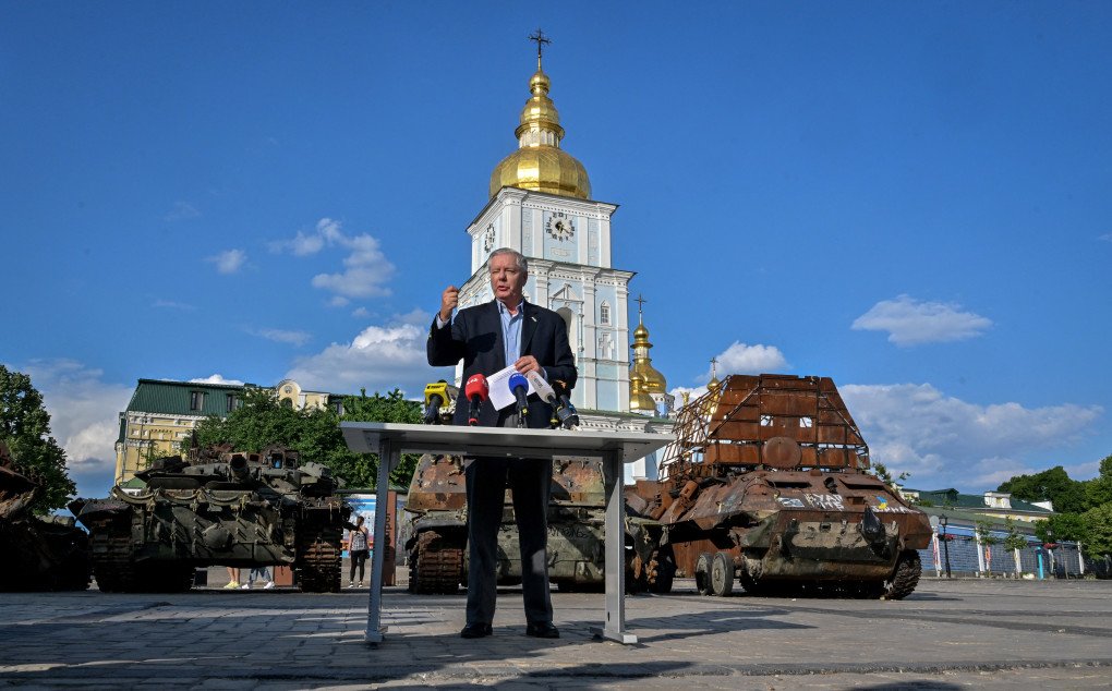 US Senator Lindsey Graham speaks during a press conference at an open air exhibition of destroyed Russian military vehicles in Kyiv, on May 26, 2023. (Photo by Sergei Supinsky via Getty Images)