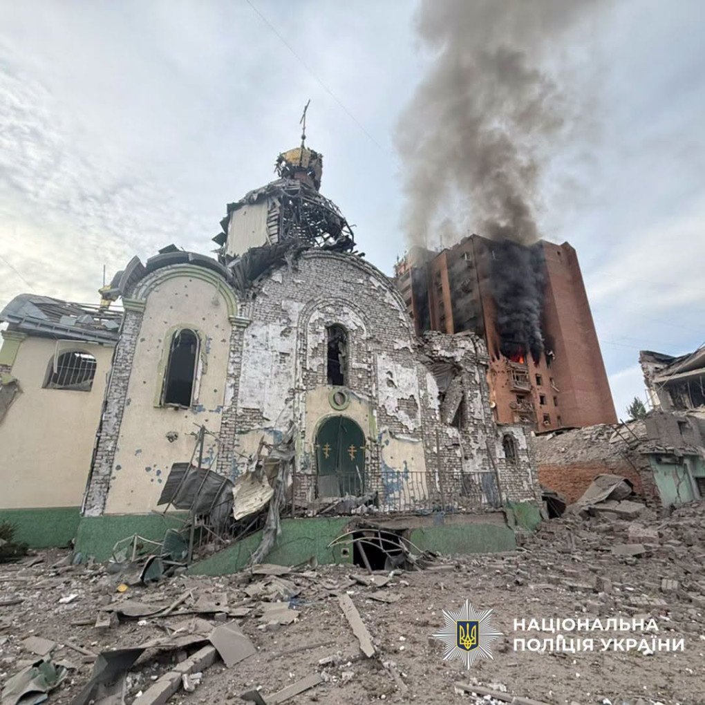The Church of St. John the Baptist and a nearby residential building damaged in a Russian attack on Kramatorsk, Donetsk region, September 22, 2026. (Source: National Police of Ukraine)