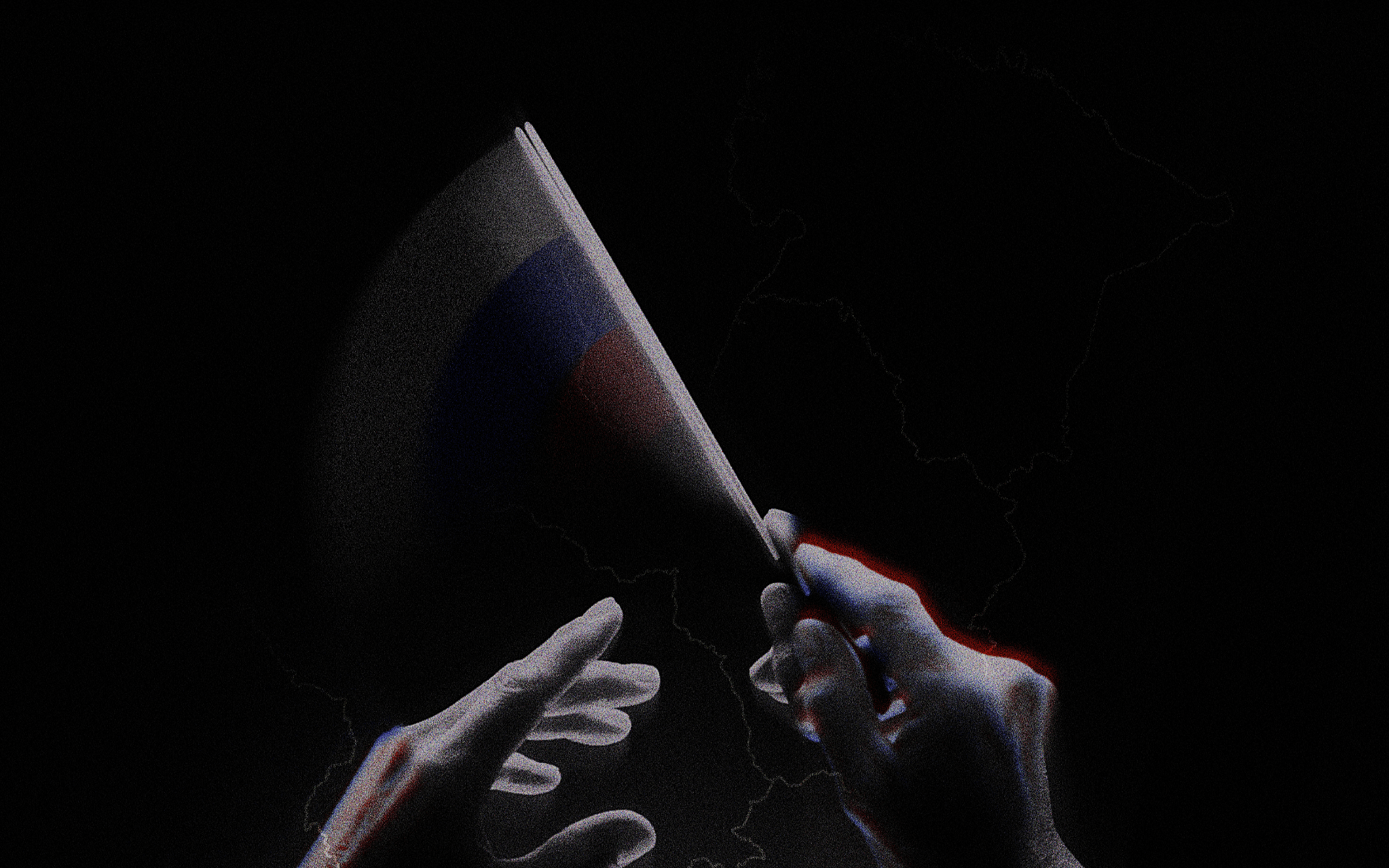 Hands holding the flag of Russia over a map of the Baltic states. Source: UNITED24 Media