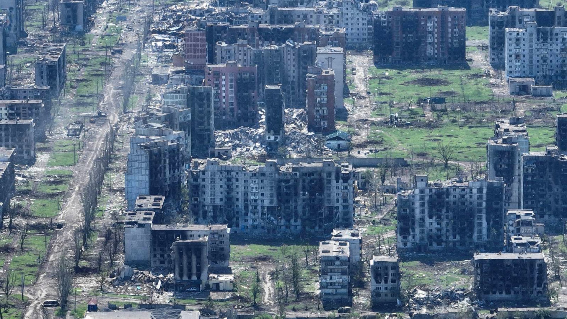 In an aerial view, destruction in the city of Bakhmut can be seen after hostilities on June 1, 2023 in Bakhmut, Ukraine.