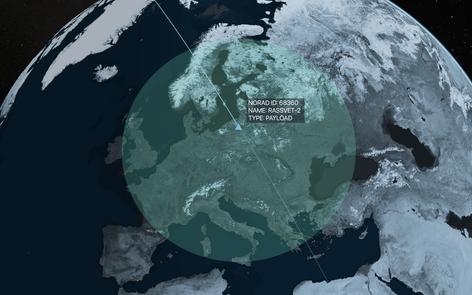 Footprint of a RASSVET satellite during a pass over Europe on September 9. Map by Satcat. Illustration: UNITED24 Media Rassvet