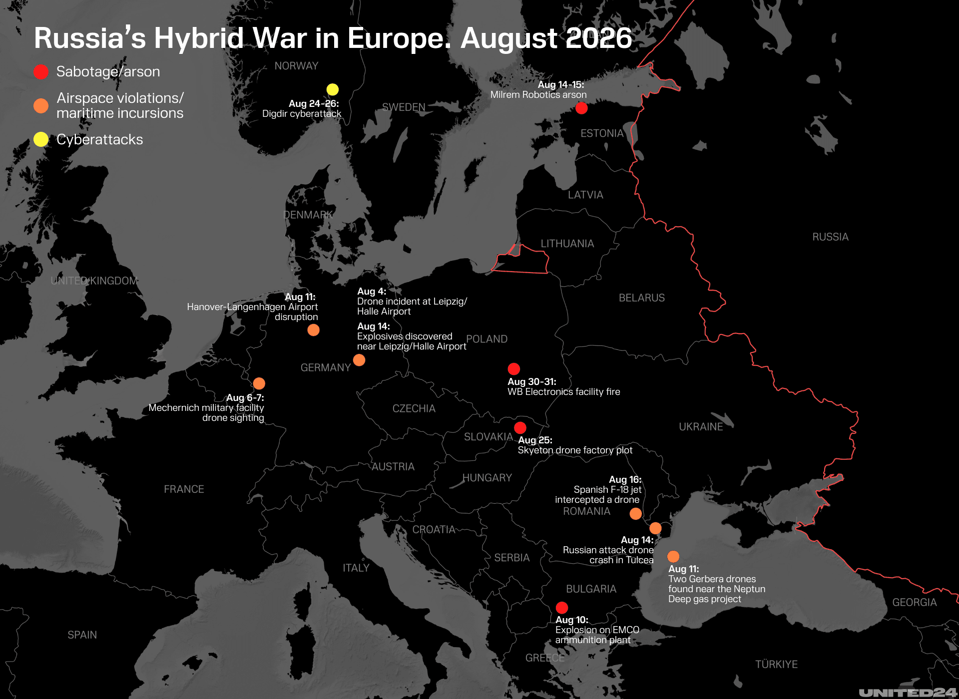 Map of Russia’s hybrid war attacks in Europe, August 2026. (Illustration: UNITED24 Media)