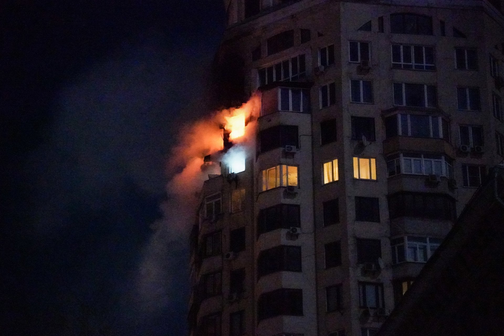Fire coming from an apartment building following a Russian air attack in Kyiv early on February 3, 2026. (Source: Getty Images) Fire coming from an apartment building following a Russian air attack in Kyiv early on February 3, 2026. (Source: Getty Images)