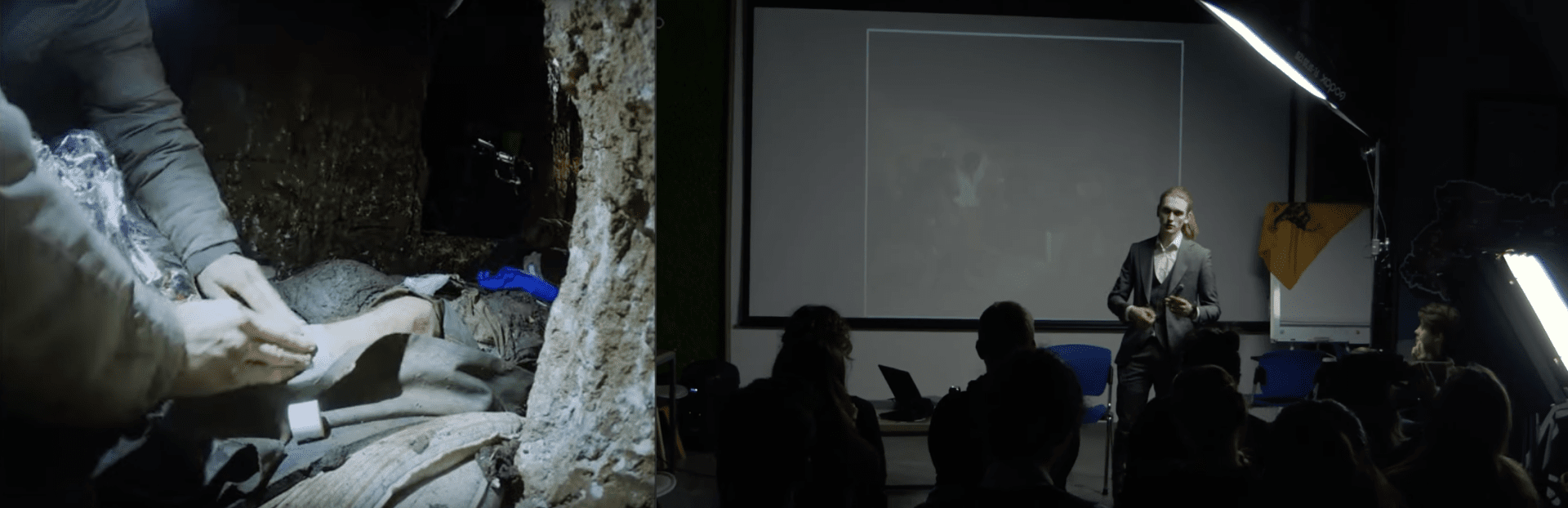 En 2024, Vadym Adamov vendó a un compañero soldado por la mañana y, más tarde ese mismo día, dio una conferencia en Kyiv. (Fuente: YouTube) En 2024, Vadym Adamov vendó a un compañero soldado por la mañana y, más tarde ese mismo día, dio una conferencia en Kyiv. (Fuente: YouTube)