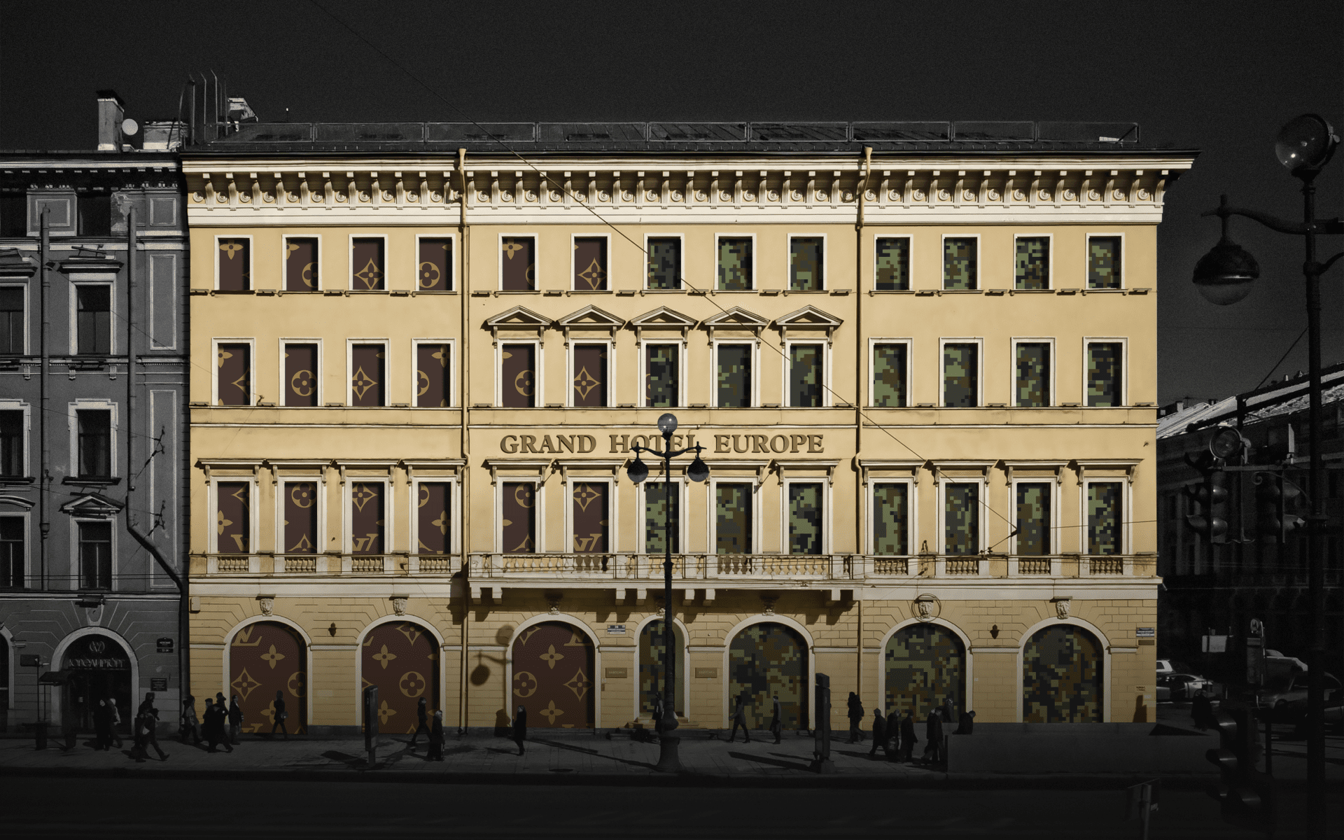 An illustration depicting LVMH’s Grand Hotel Europe split between Louis Vuitton branding and military camouflage, highlighting its continued service to sanctioned Russian defense clients. (Source: Source: UNITED24 Media/Oleksandr Manukians)