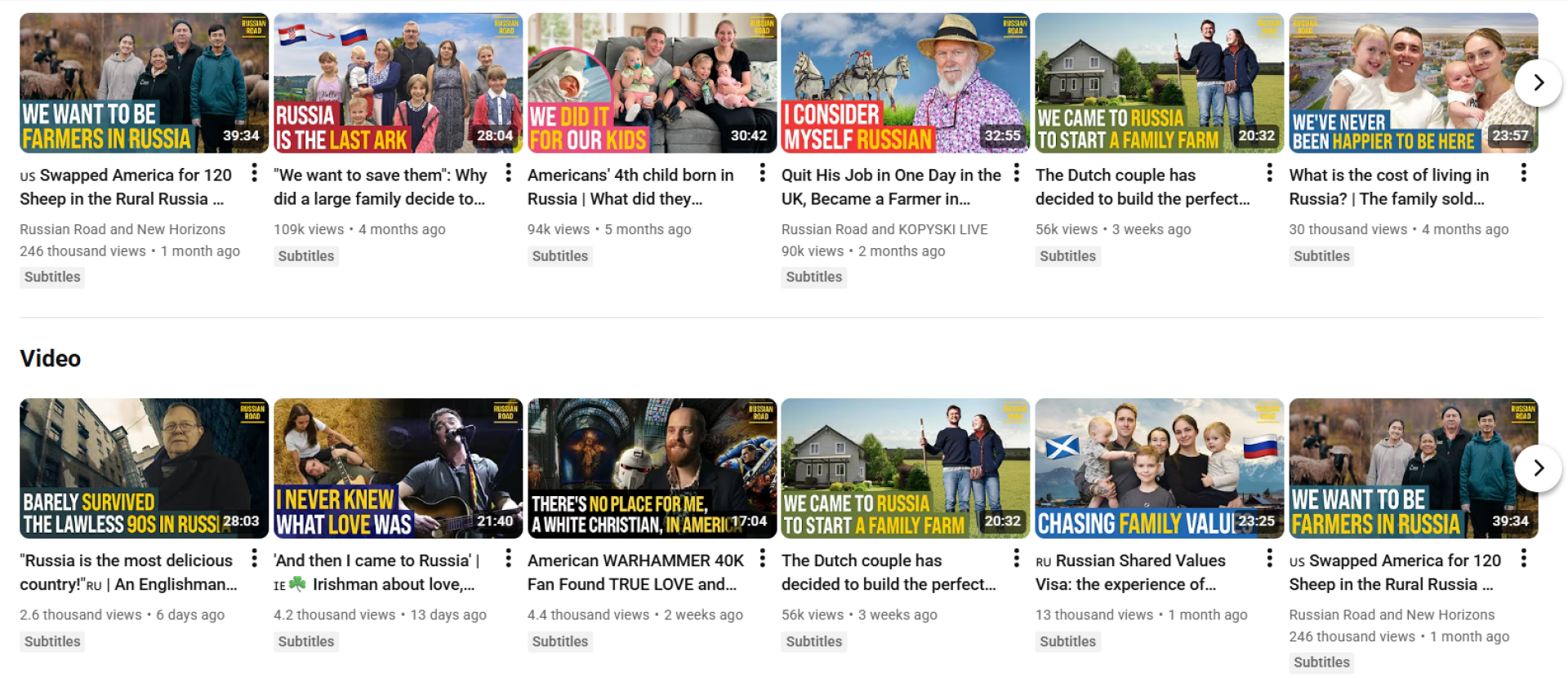 Screenshot of the Russian Road Youtube channel and their video uploads. (Source: Youtube)