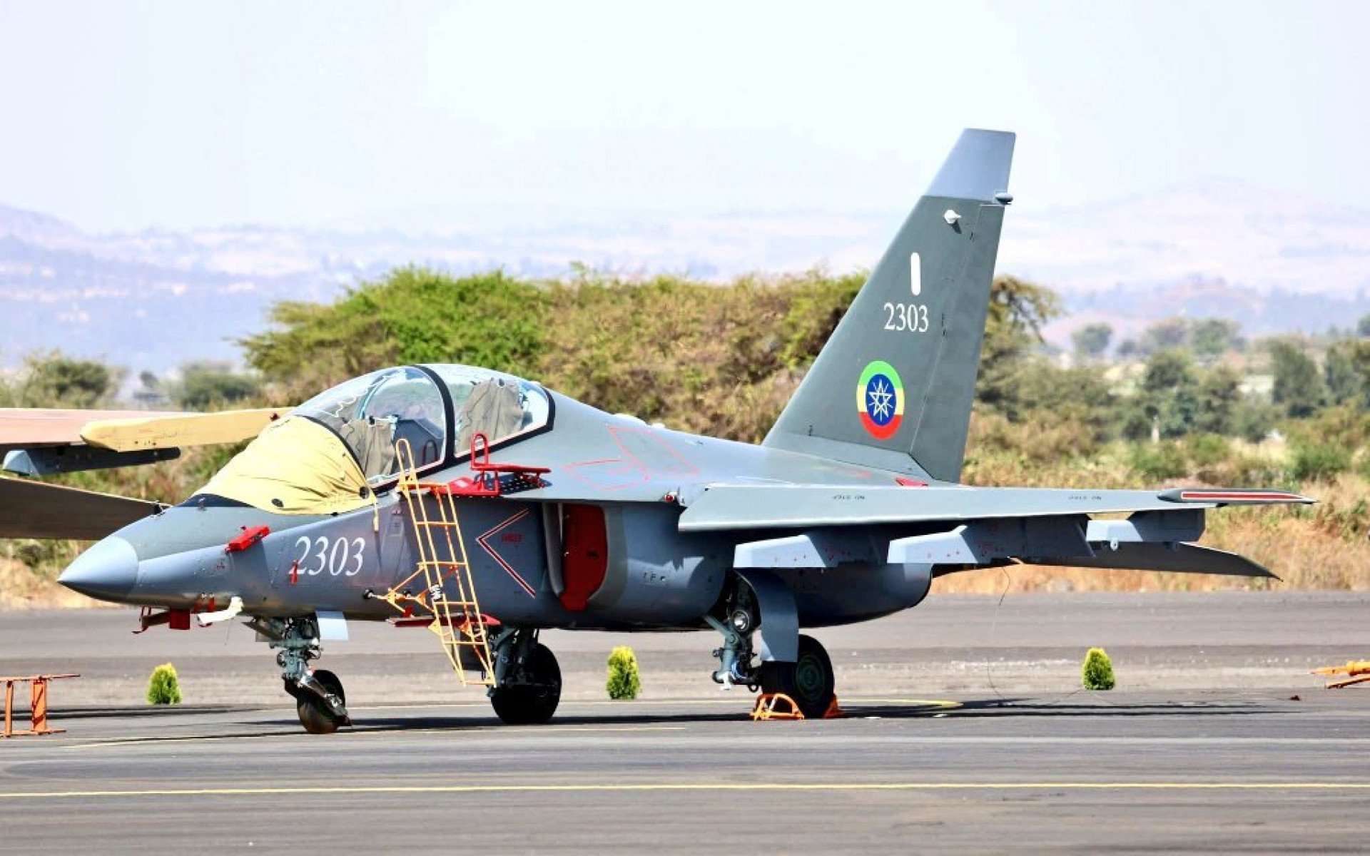 A Russian-made Yak-130 jet marked “2303” on static display at Ethiopia’s Bishoftu Air Base during Aviation Expo 2026. (Photo: Rich Tedd / X)