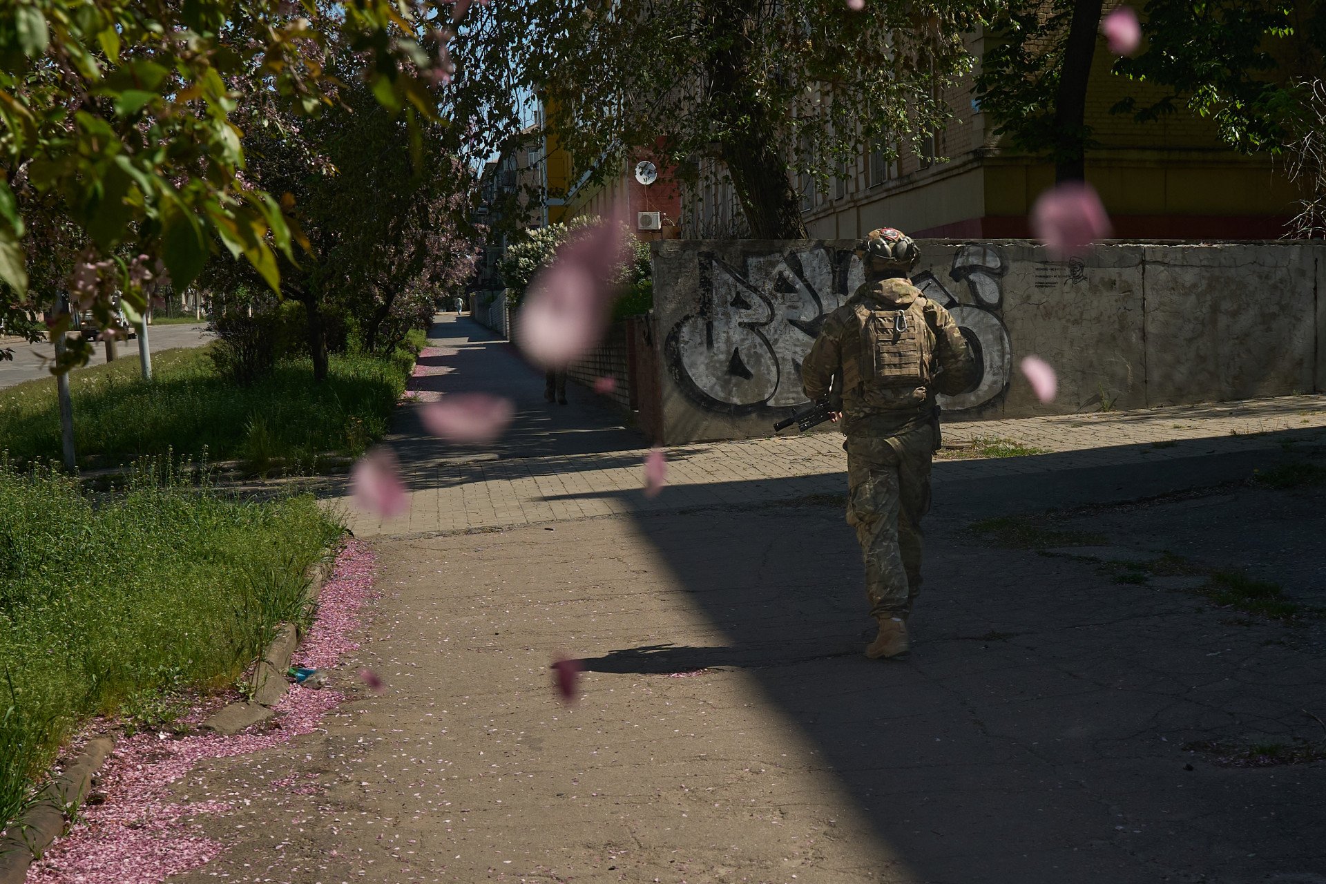 Ukrainian soldier walks along blooming cherry blossoms. (Photo: Mykyta Shandyba/ UNITED24 Media)