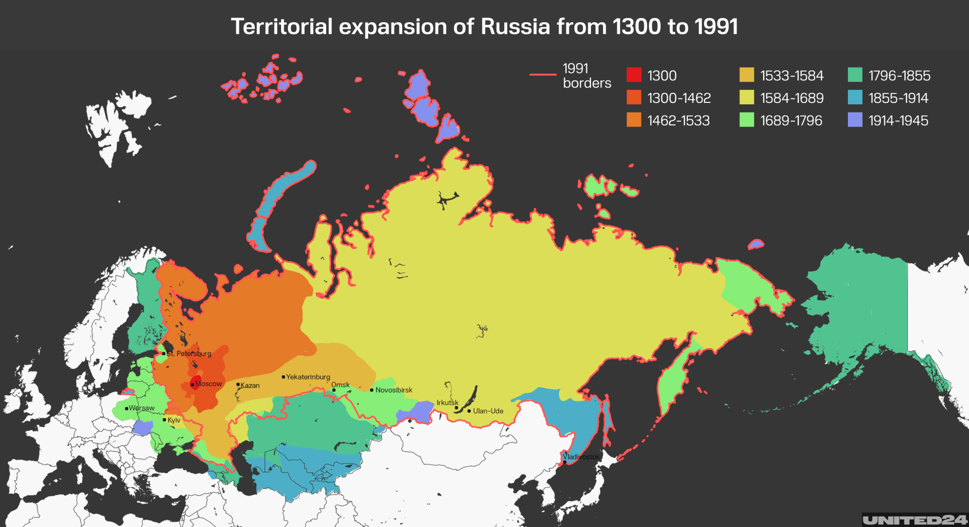 Russia’s territorial expansion: A map showing how the Russian state expanded through conquest and colonization over six centuries, incorporating diverse lands and peoples across Eurasia. Illustration: UNITED24 Media